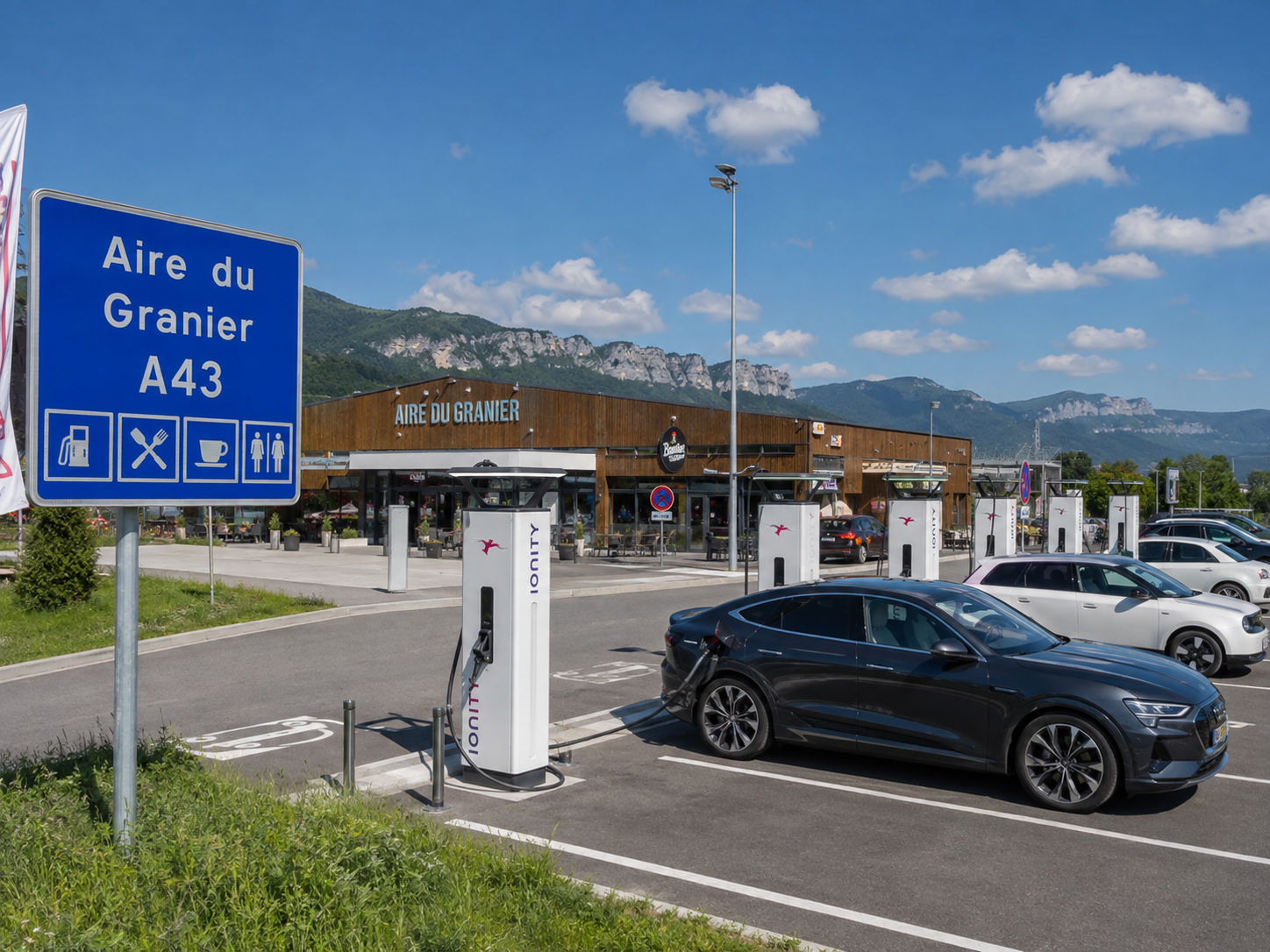 Aire du Granier A43 avec bornes de recharge voiture électrique sur la route du Chalet Alouette en Savoie