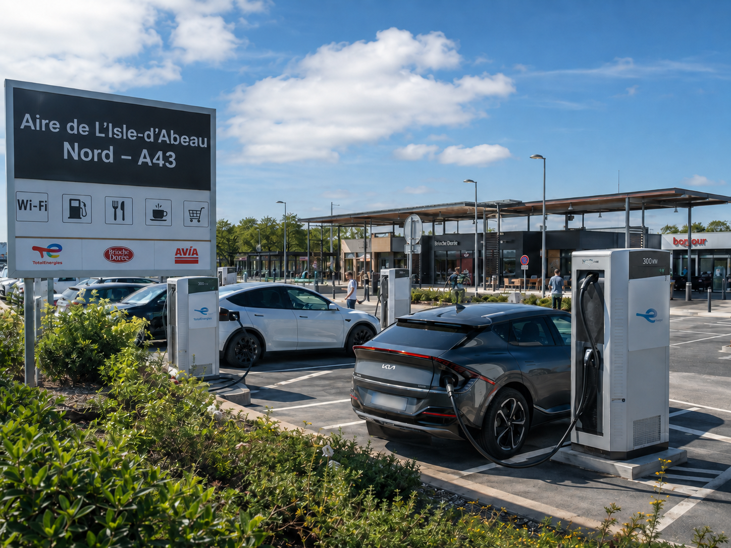 Aire de L’Isle-d’Abeau Nord A43 avec recharge voiture électrique pour rejoindre Chalet Alouette La Plagne