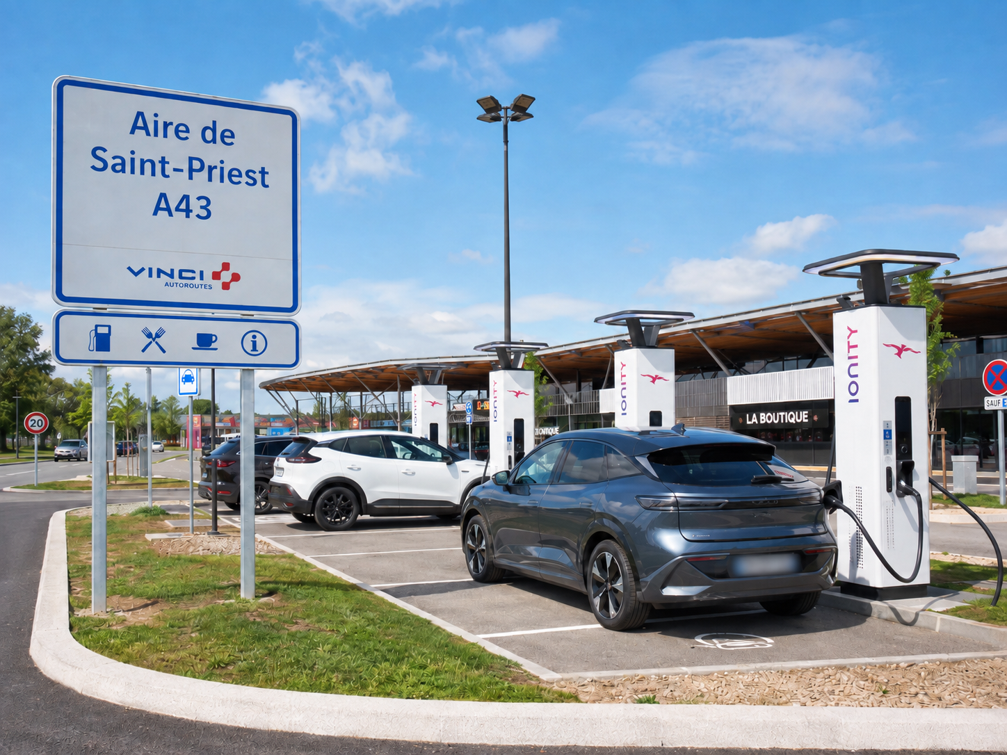 Aire de Saint-Priest A43 avec bornes de recharge voiture électrique sur la route de La Plagne vers Chalet Alouette