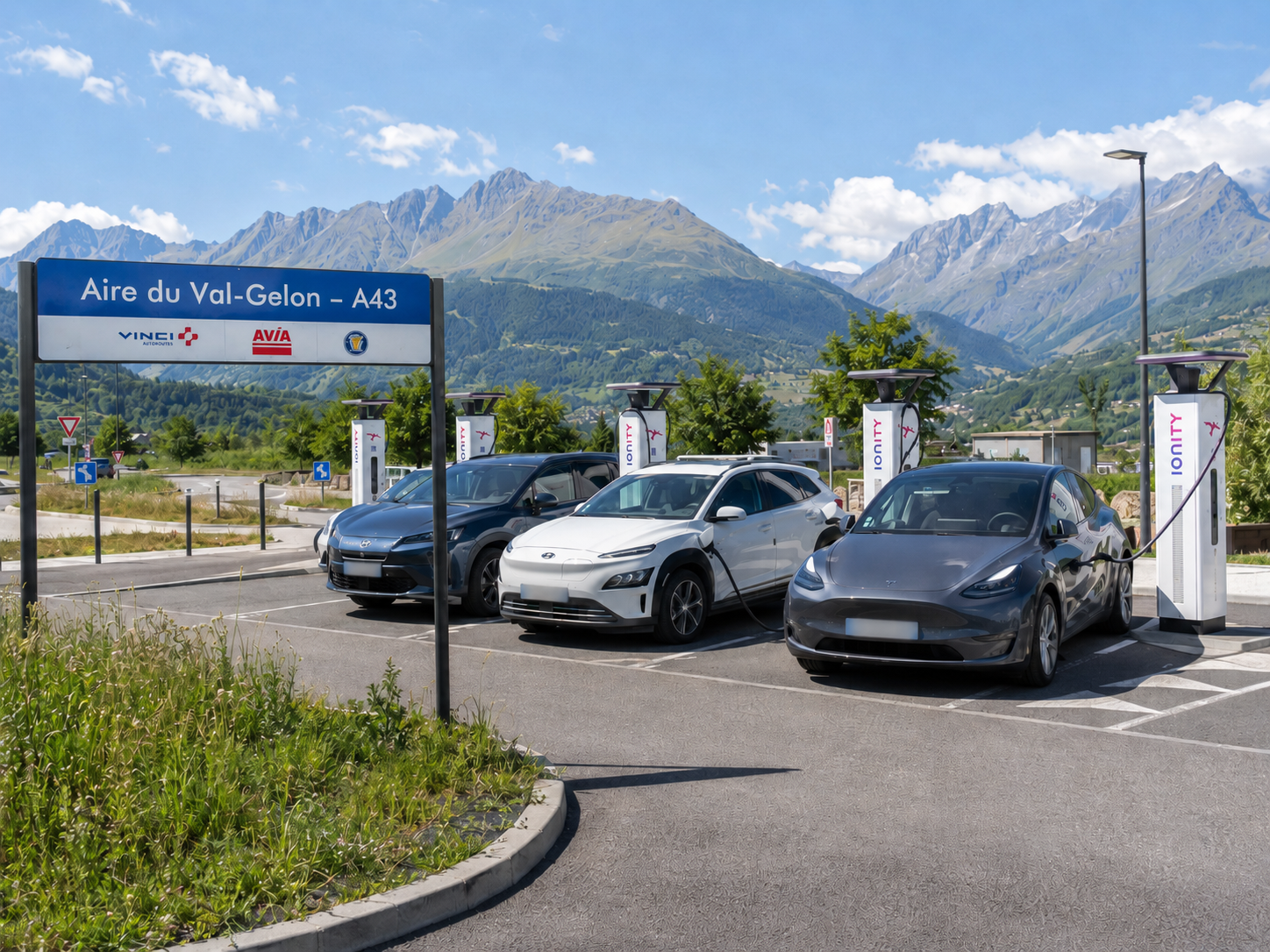 Aire du Val-Gelon A43 avec bornes de recharge voiture électrique pour se rendre au Chalet Alouette La Plagne