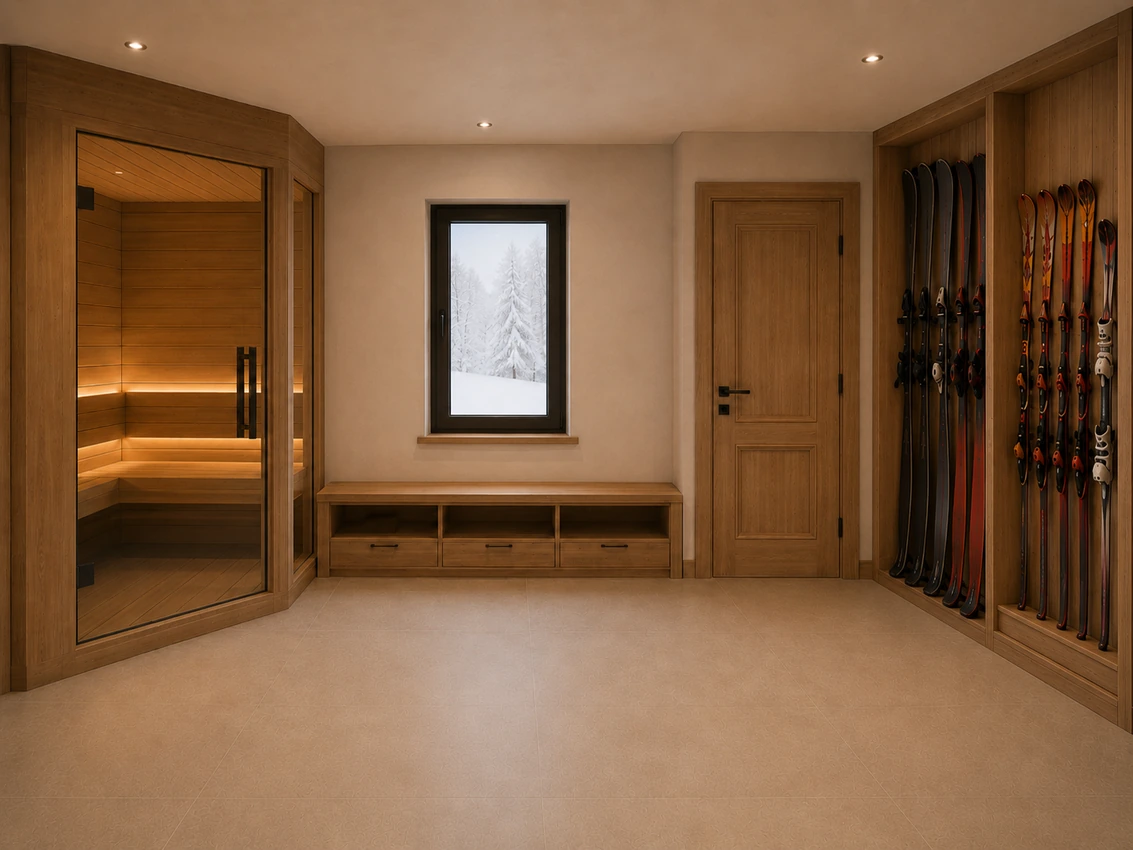 Projet du ski room du Chalet Alouette à Champagny-en-Vanoise, avec sauna vitré, banquette et porte-skis.